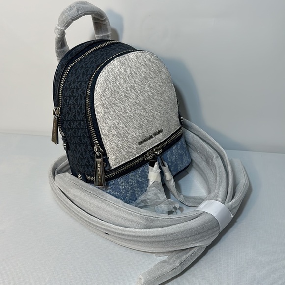 Michael Kors Rhea Mini Color-Block Logo Backpack Blue chambray Navy - Picture 9 of 9